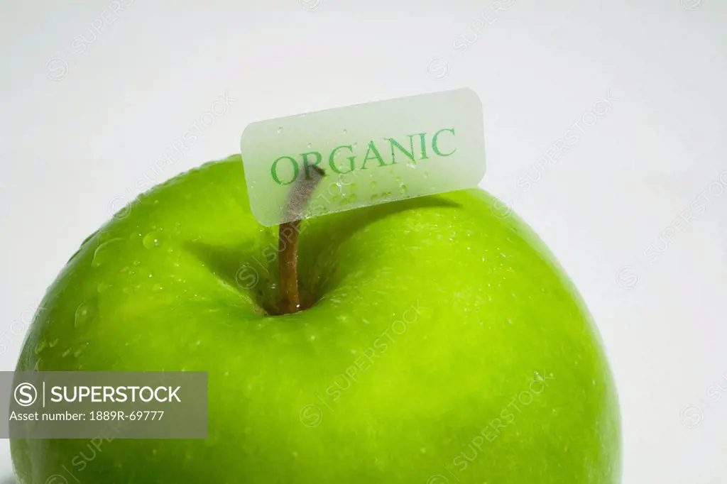 Granny Smith Apple With Water Drops And An Organic Label, Waterloo Quebec Canada