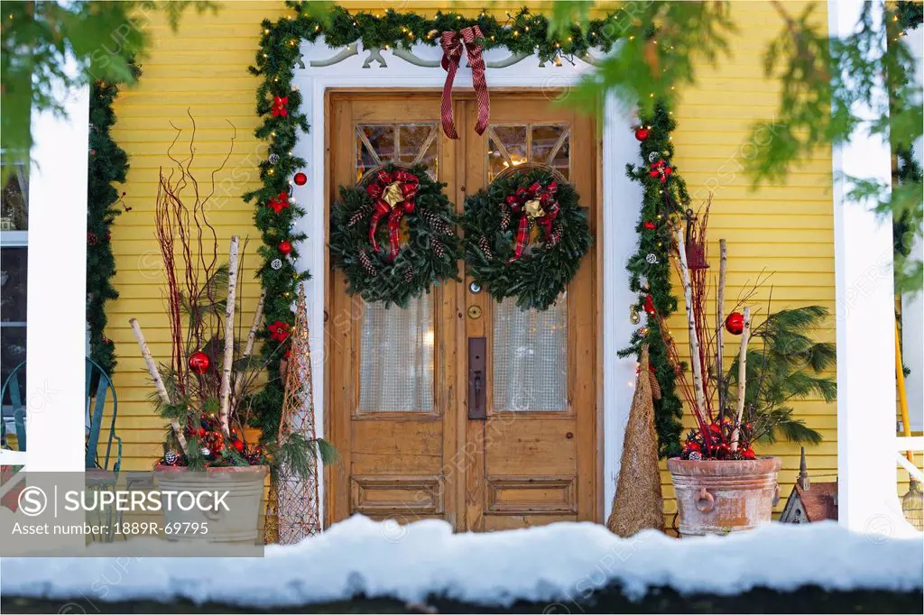 Doors Of A House Decorated For Christmas, Knowlton Quebec Canada