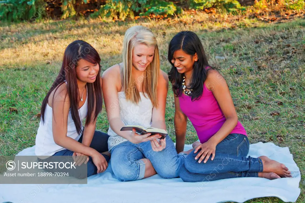 friends reading the bible together in a park, edmonton alberta canada