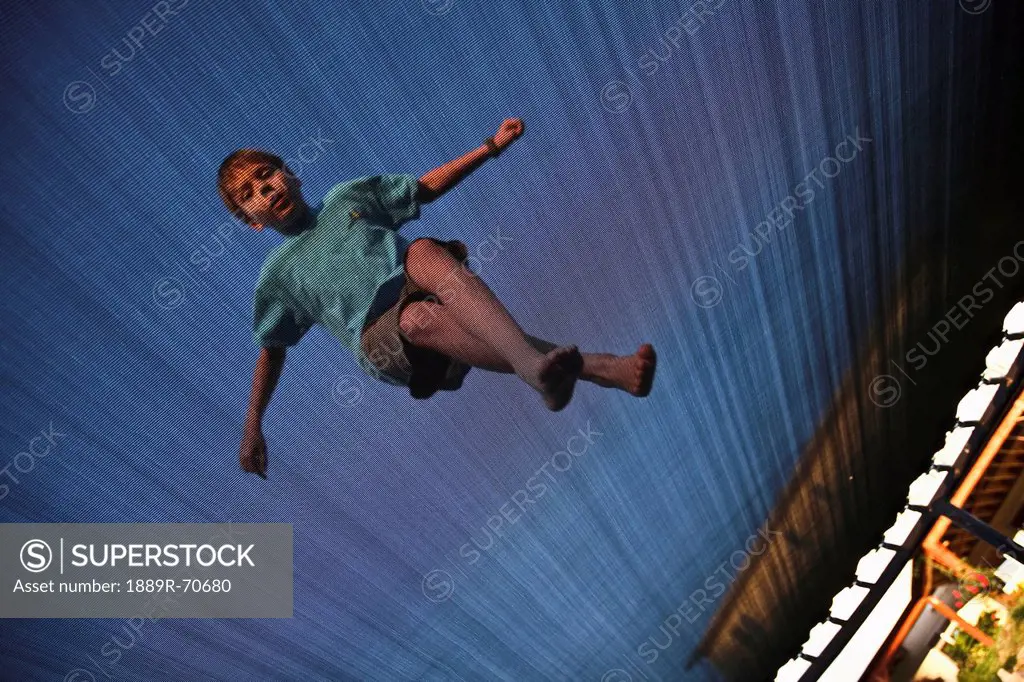 low angle of boy on trampoline, ferndale, washington, united states of america