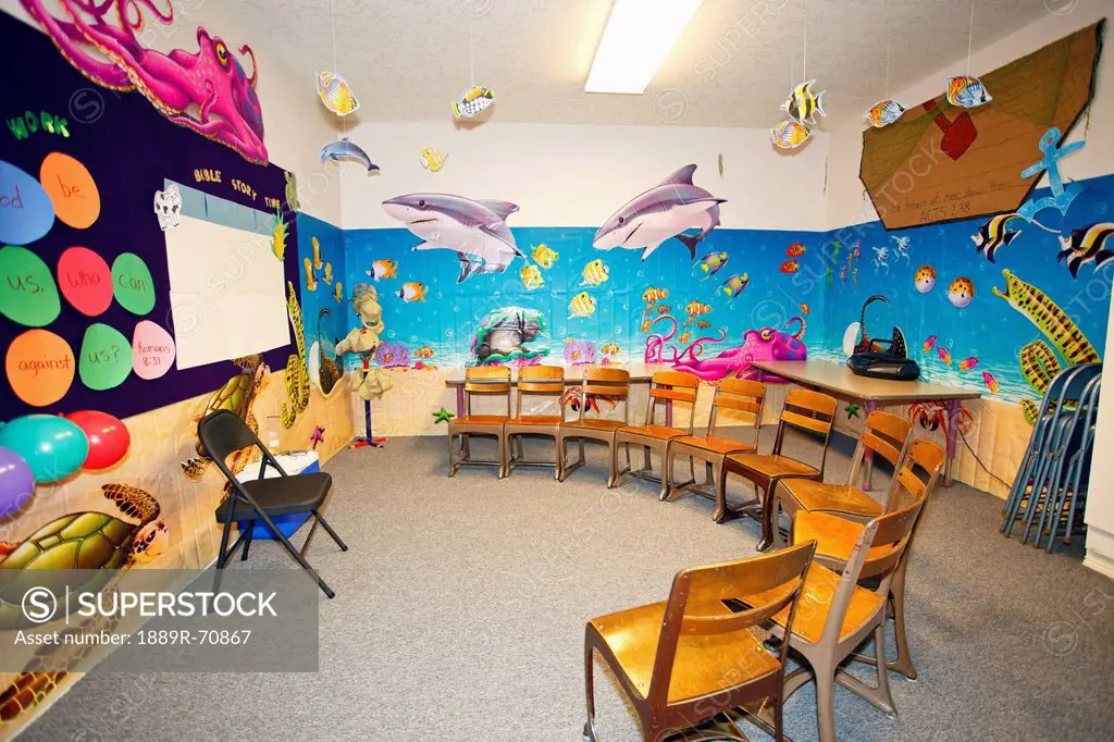 a classroom with a marine life theme and chairs set up in a semi_circle, portland oregon united states of america