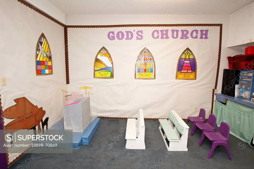 a sunday school classroom decorated as a miniature church building, portland oregon united states of america