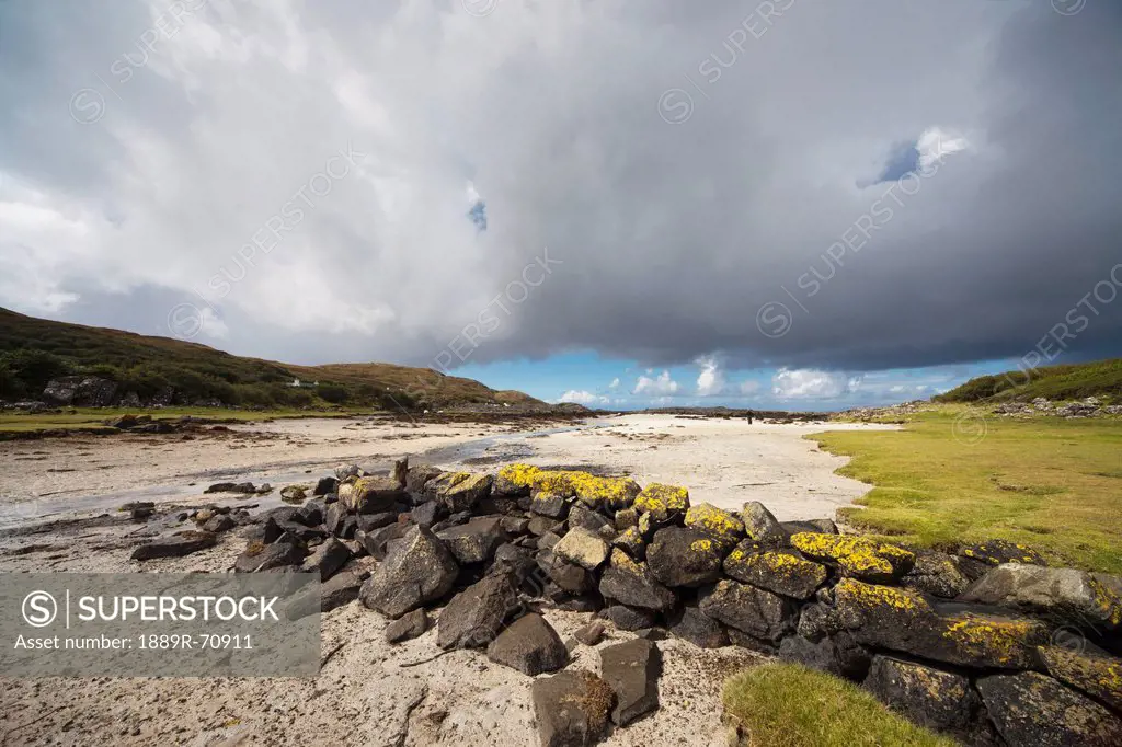 a stone fence covered with moss at sanna beach, argyl scotland