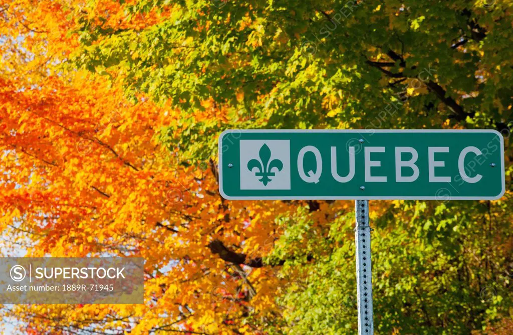 a quebec sign and trees in autumn colours, abercorn quebec canada