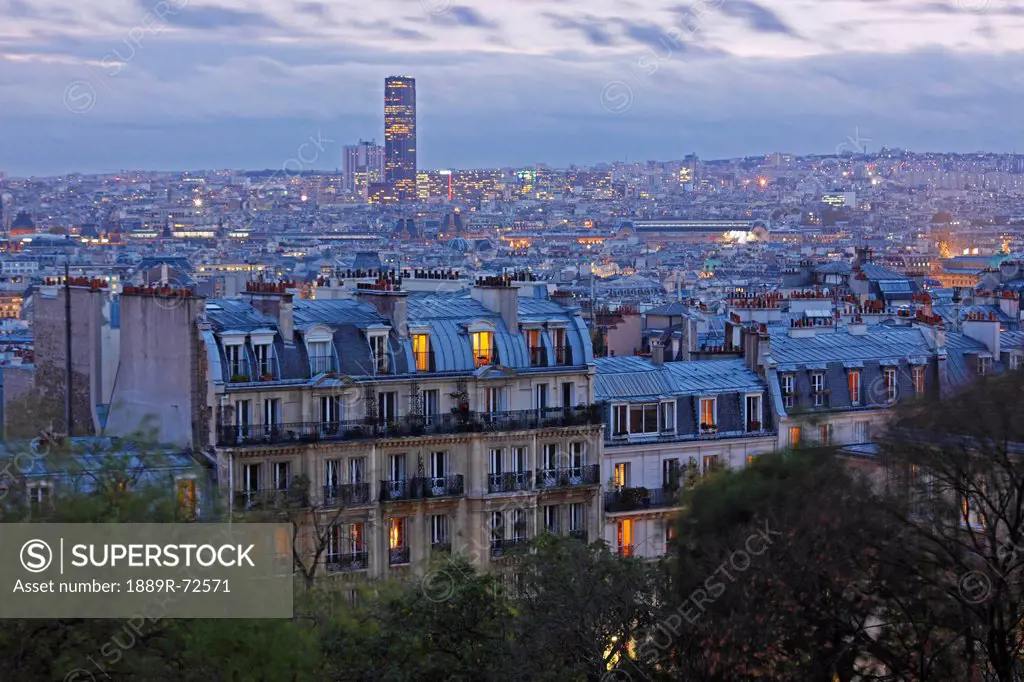skyline of paris at dusk seen from montmartre in france, paris france