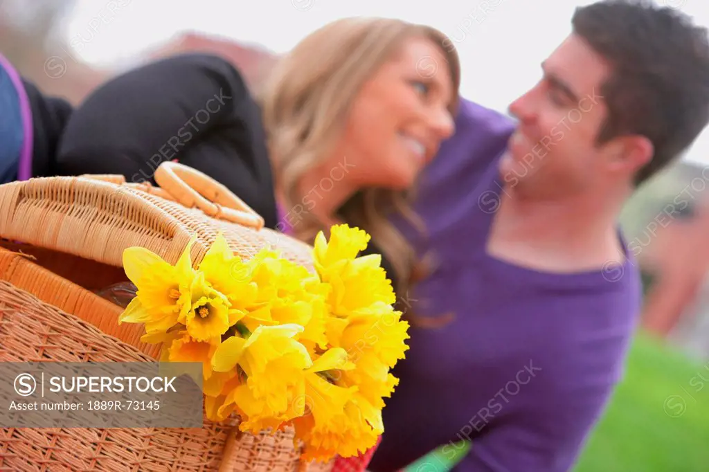 Couples Having A Picnic With Daffodils In The Foreground, Portland Oregon United States Of America