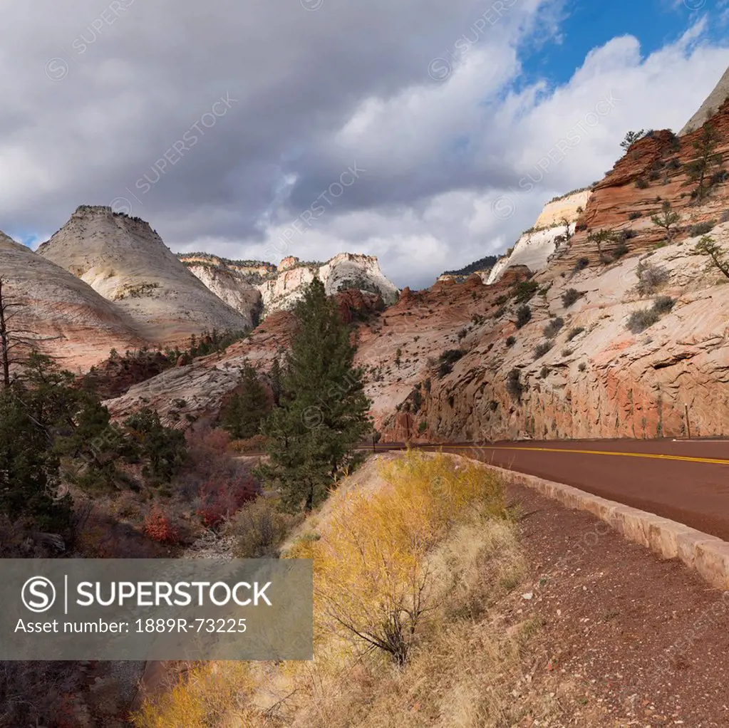 A Road Traveling Through Zion National Park, Utah United States Of America
