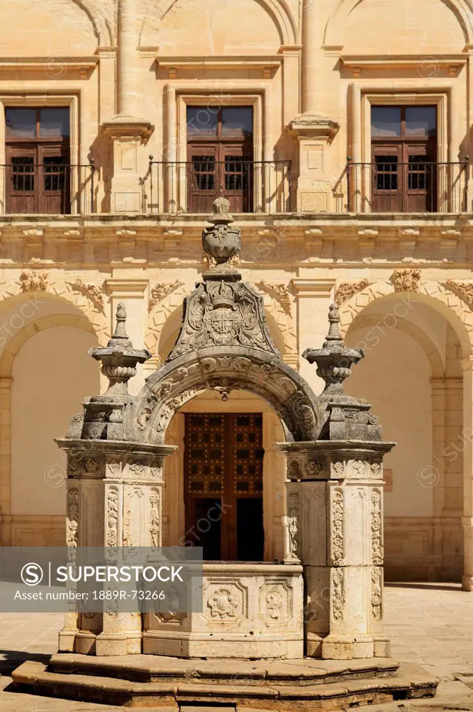 Baroque Stone Well With Coat Of Arms Of St. James In Courtyard Of The Monastery Of Ucles, Cuenca Castile La Mancha Spain