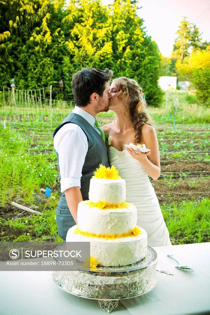 Bride and groom kissing in front of their wedding cake, vancouver british columbia canada
