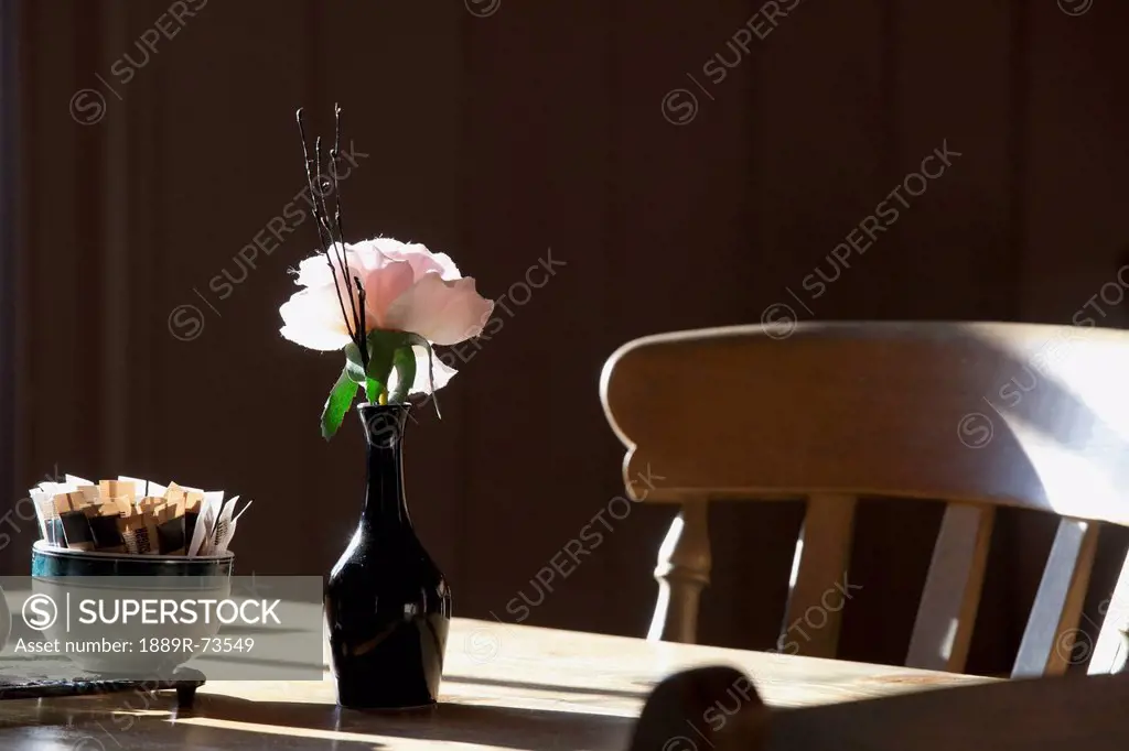 A Single Rose Sits In A Small Vase On A Restaurant Table, Northumberland England
