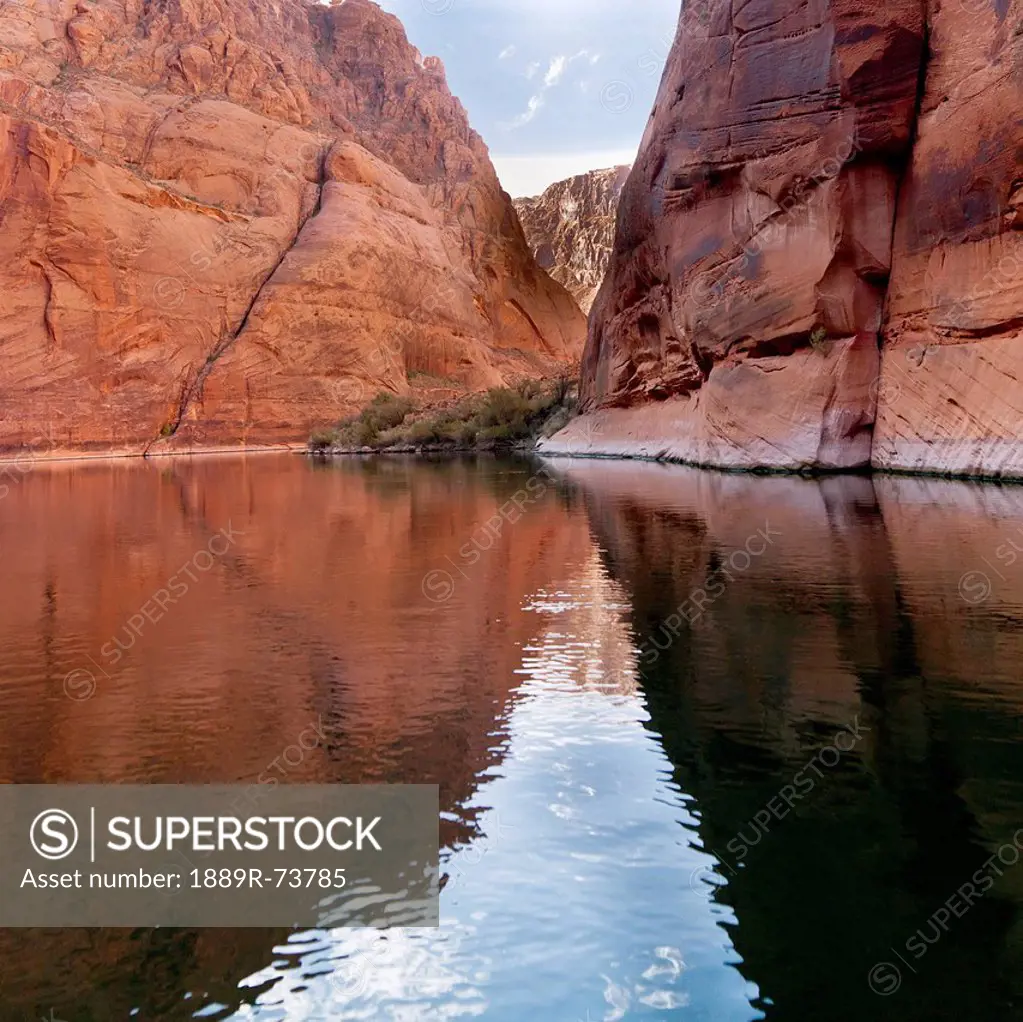 Steep Rock Cliffs Along The Shoreline Reflected In The Colorado River, Arizona United States Of America