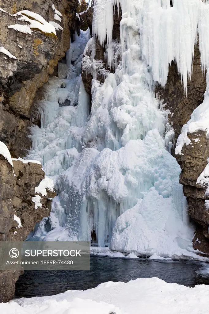 Frozen waterfalls with icicles snow covered cliff and open water, alberta canada