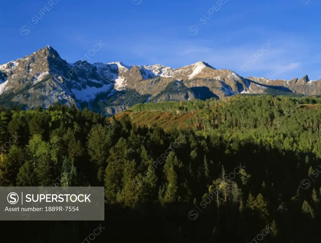 Snow capped mountain range with aspen forest, Mount Sneffels Wilderness, Colorado, USA