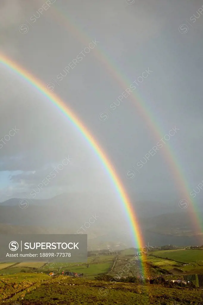 Double Rainbow Over Farmland At Derrynane Harbour Near Caherdaniel, County Kerry Ireland