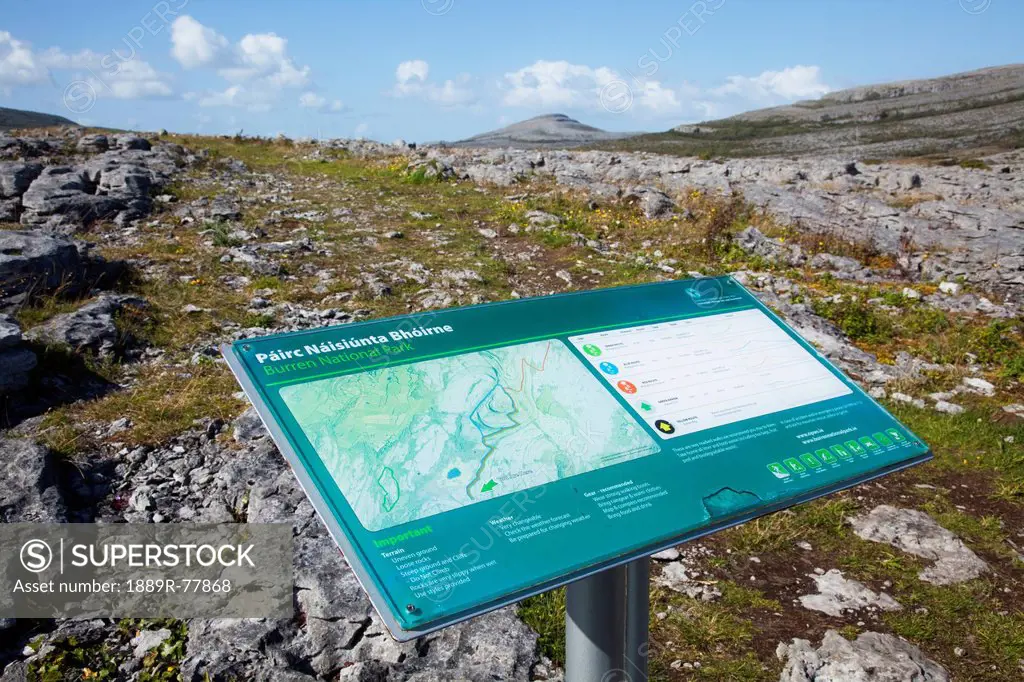 A Map And Information Sign On A Post, The Burren County Clare Ireland