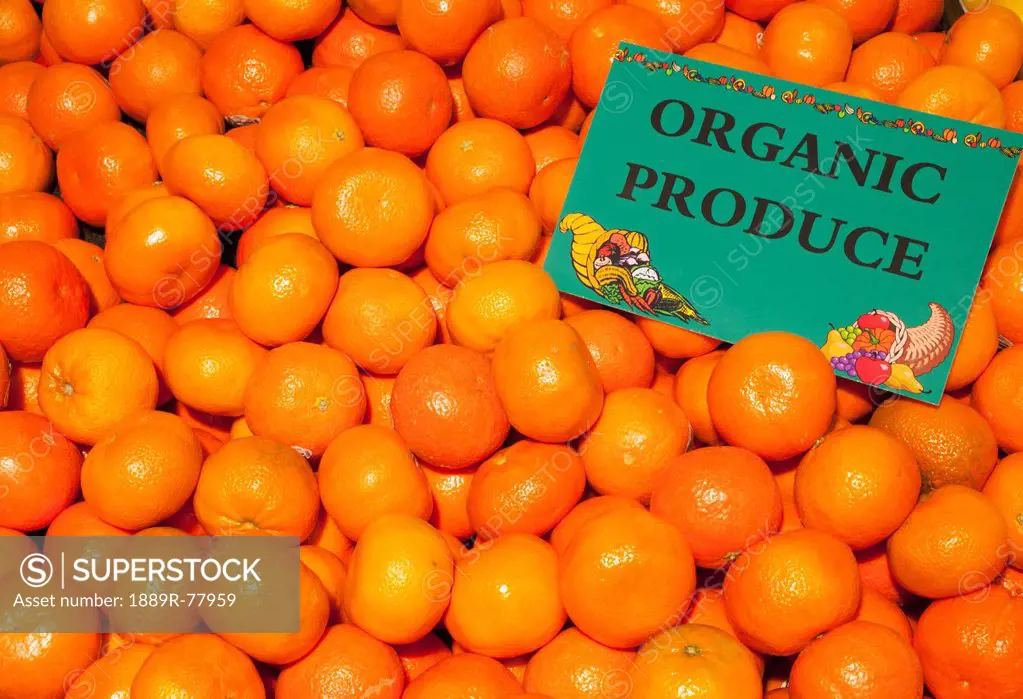 A Pile Of Clementines With A Sign Labeled Organic Produce, Waterloo Quebec Canada
