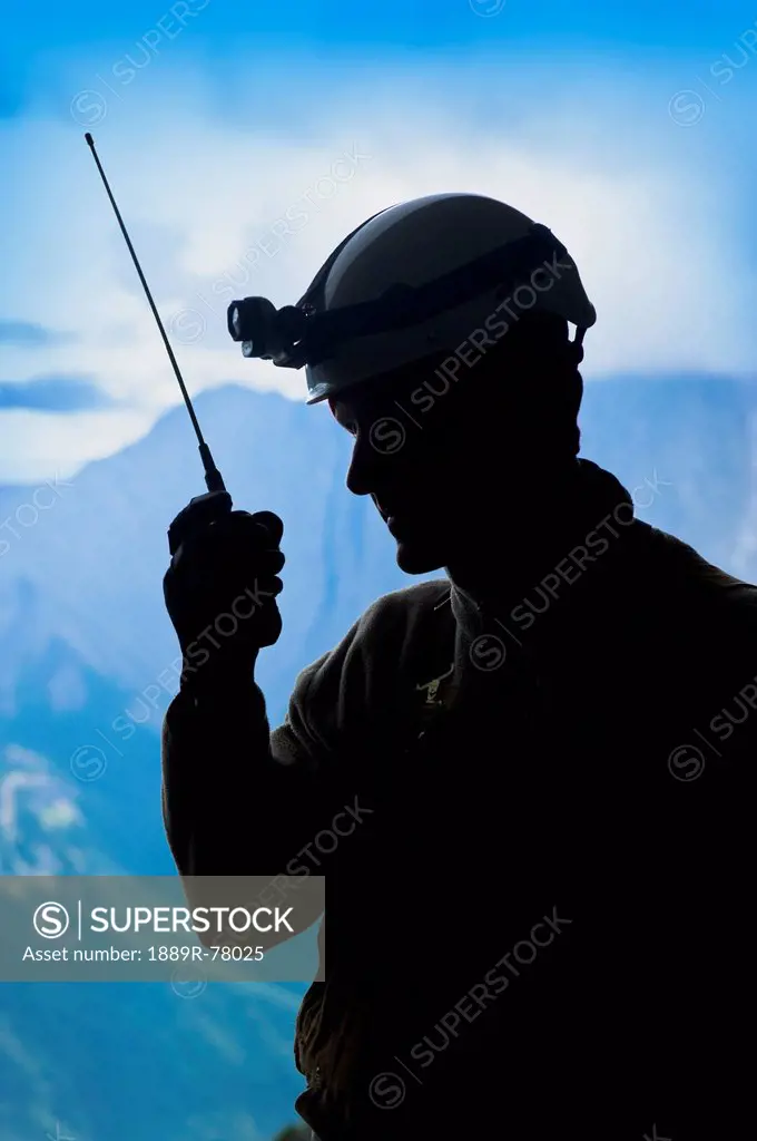 Radio operator at a cave search and rescue, blairmore alberta canada