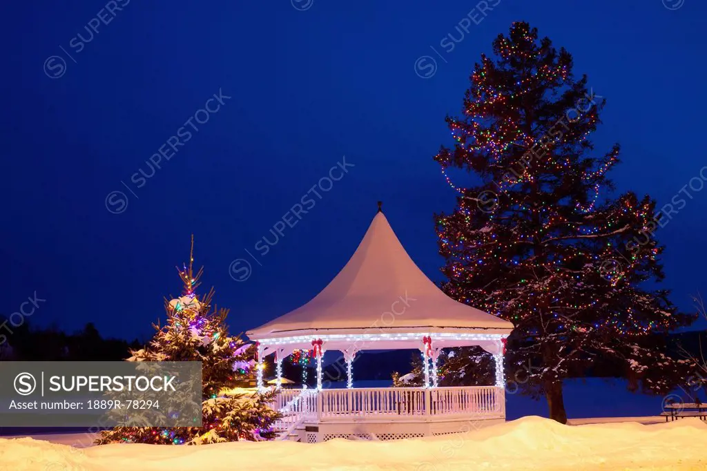 A Gazebo And Trees Decorated For Christmas, North Hatley Quebec Canada