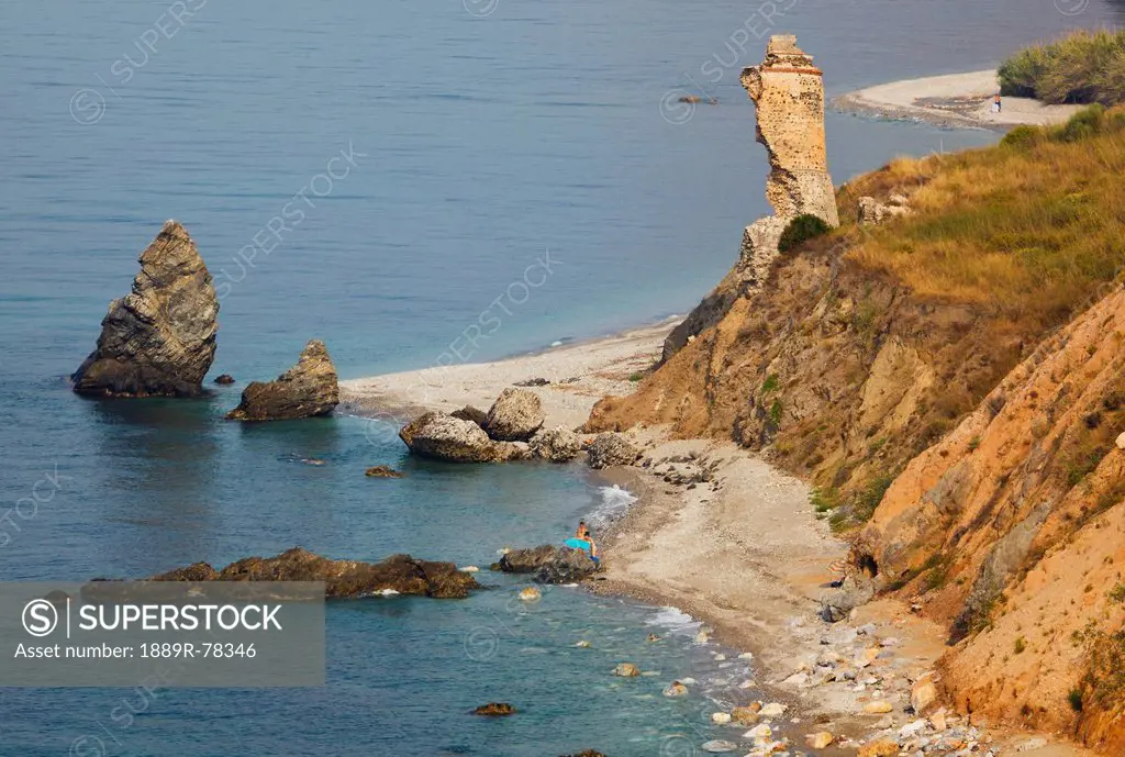 torre del rio de la miel and alberquillas beach and the cliffs of maro_cerro gordo natural park, near maro and nerja, malaga province, costa del sol, ...