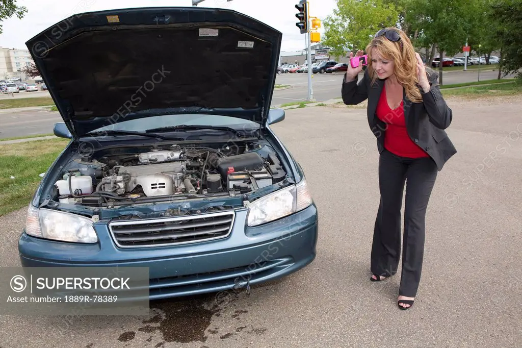 a woman looks at fluid leaking from her car, edmonton, alberta, canada