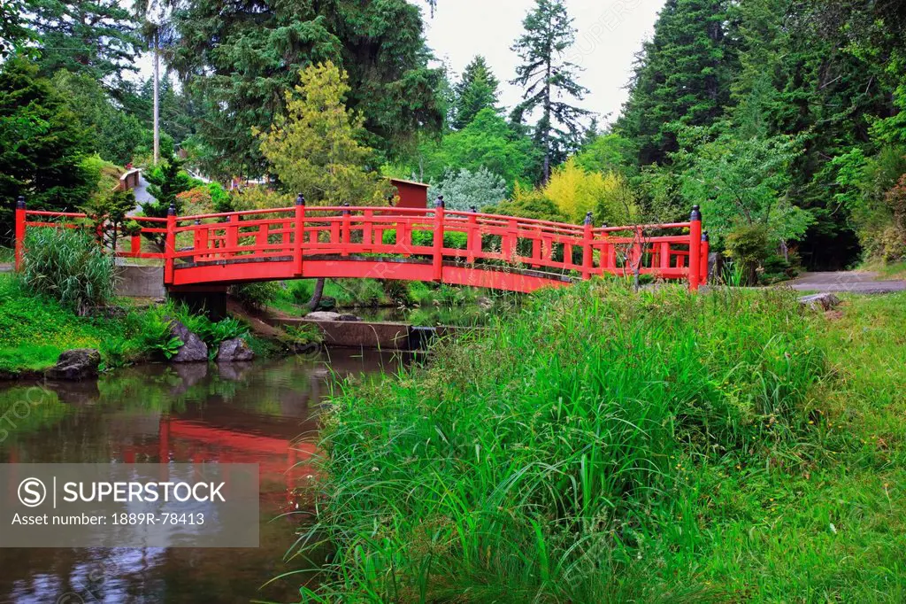 A Bridge With A Red Railing Over A Pond In Mingus Park, Coos Bay Oregon United States Of America