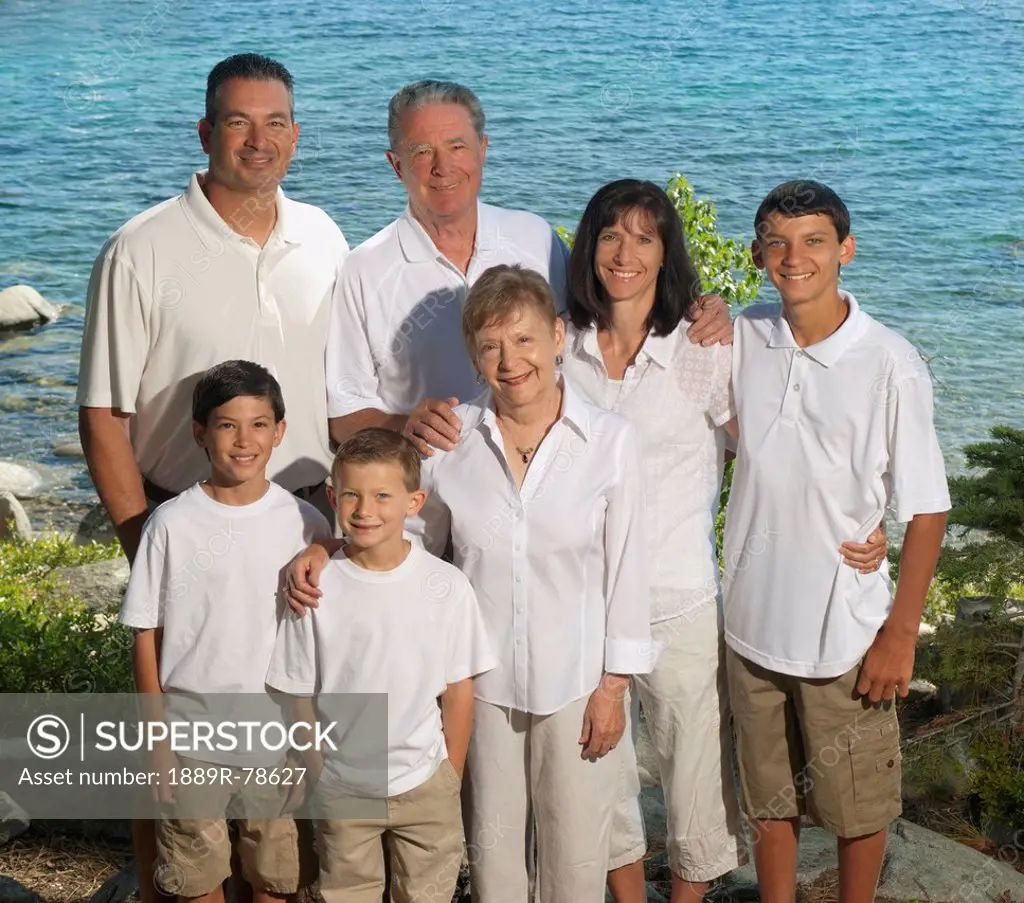 Portait of a family of five with grandparents, lake tahoe california united states of america