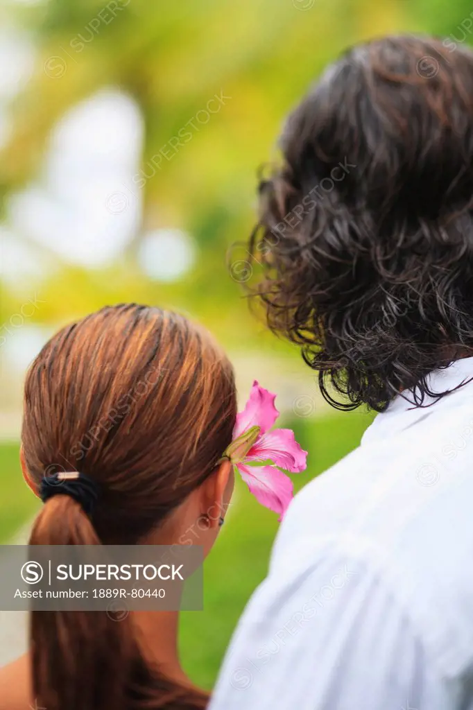 The back of the heads of a man and woman the woman having a flower in her hair bora bora nui resort and spa, bora bora island society islands french p...
