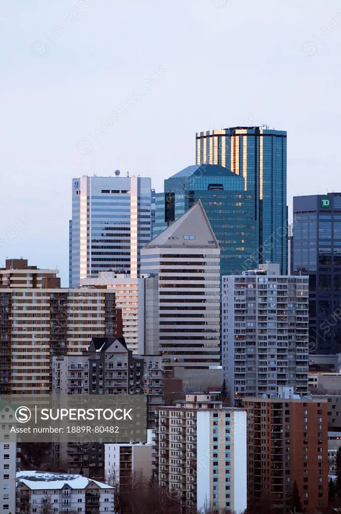 Skyline of skyscrapers and high rise buildings in downtown edmonton, edmonton alberta canada