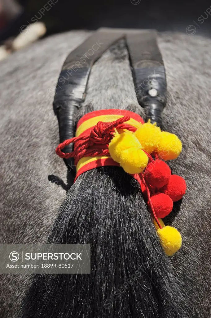 A horse´s tail decorated in spanish flag colours for the april fair, seville andalusia spain