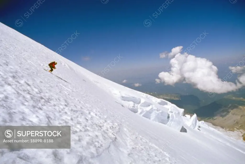 Skier on Emmons Glacier, Mount Rainier