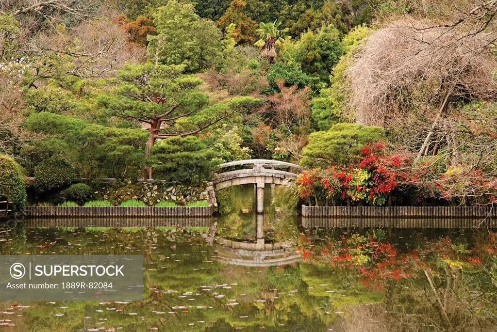 Japanese garden with pond and stone bridge, kyoto, japan