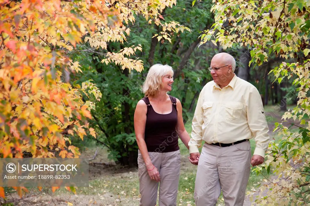 Mature married couple walking together in park during fall season, edmonton, alberta, canada
