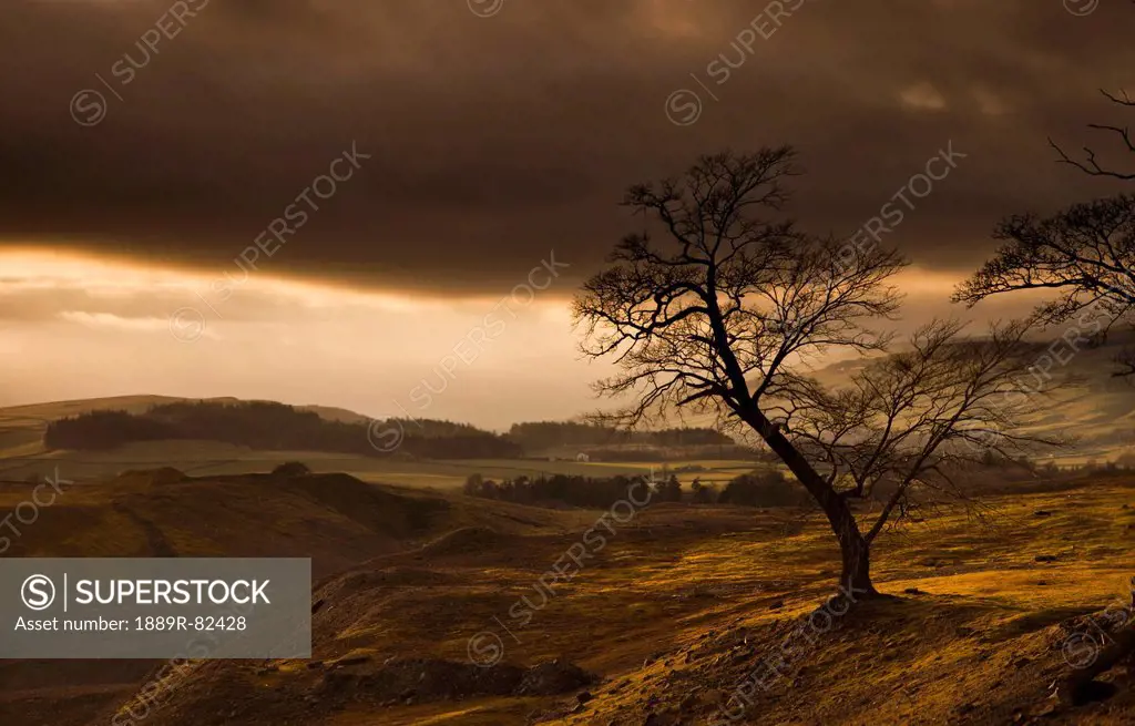 Storm clouds over a hilly landscape, northumberland, england