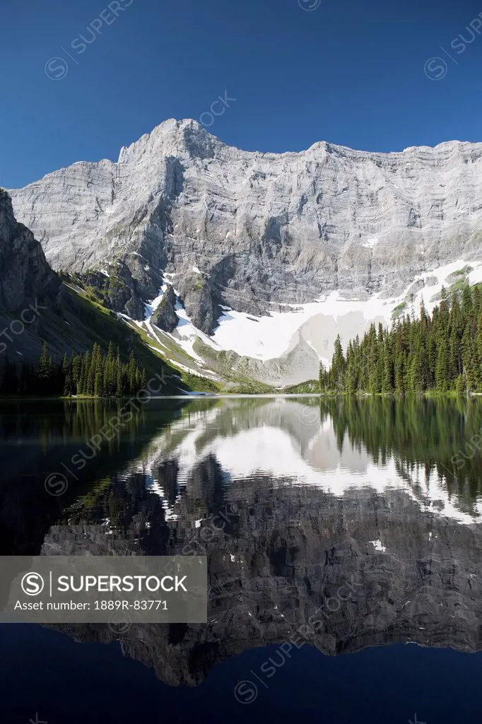 Mountain Reflecting In Mountain Lake With Snow And Blue Sky In Kananaskis Provincial Park, Alberta Canada
