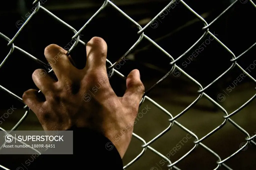 Single hand grasping a fence
