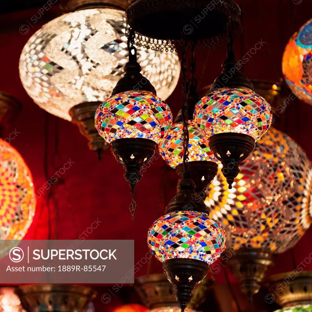 Colourful Illuminated Light Fixtures Hanging On Display, Istanbul Turkey