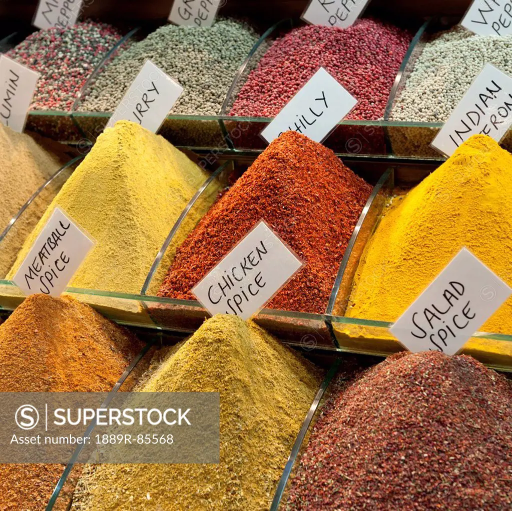 Spices In Bins Labeled For Sale At The Grand Bazaar, Istanbul Turkey