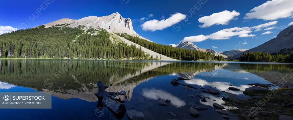 Panorama Of A Mountains Reflecting On A Mountain Lake With Blue Sky And Clouds In Kananaskis Provincial Park, Alberta Canada