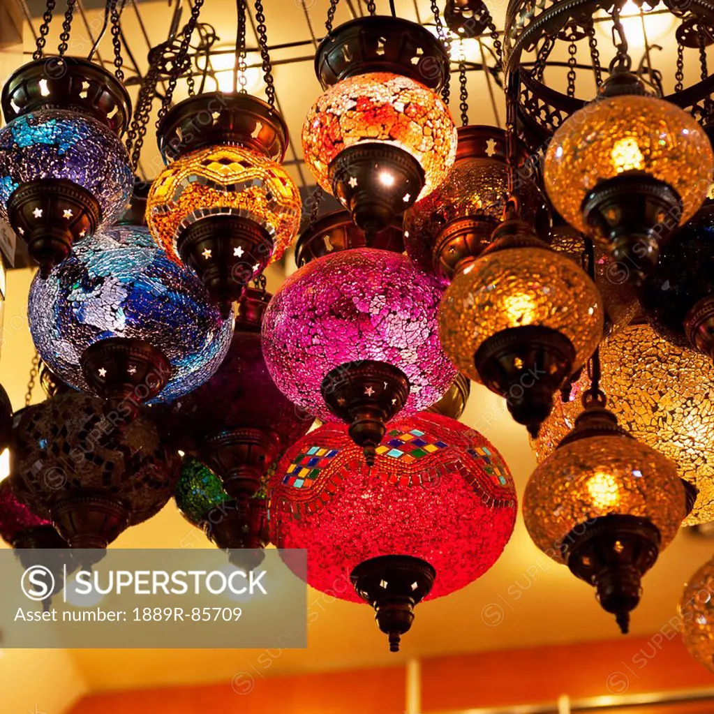 Low Angle View Of Illuminated Colourful Glass Light Fixtures, Istanbul Turkey