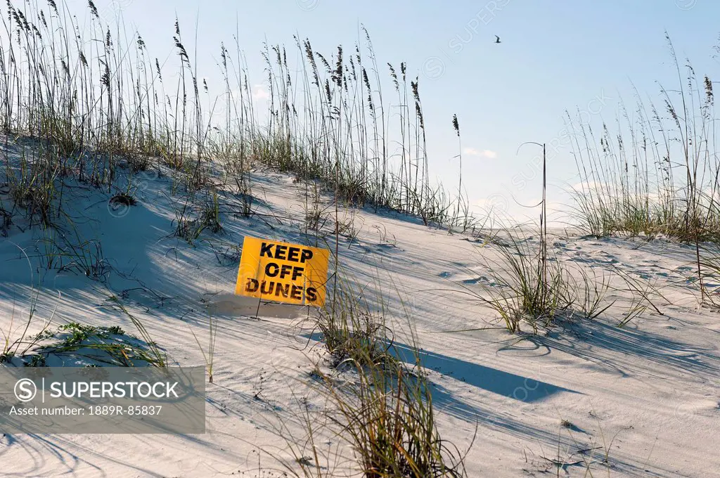 A Yellow Sign Posted In The Sand Saying Keep Off Dunes, Gulf Shores Alabama United States Of America