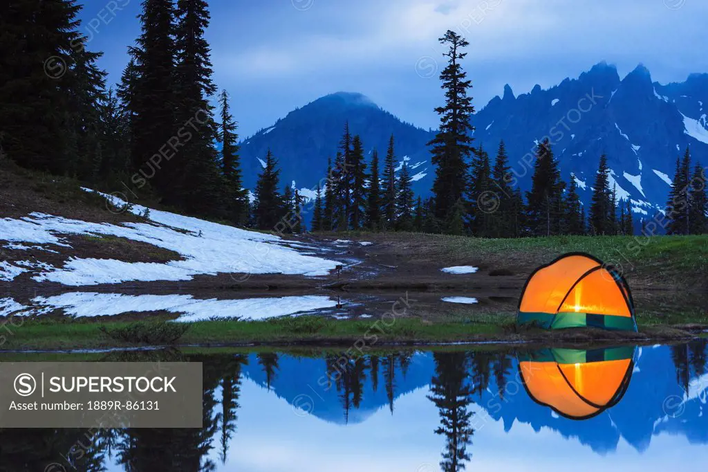 Camping Tent At Sunset By A Small Reflecting Pond Near Tipsoo Lake Mount Rainer National Park Near Seattle, Washington United States Of America