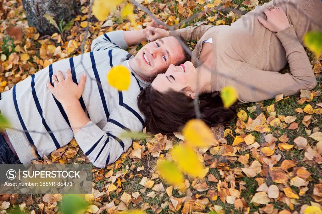 A Couple Laying In The Fallen Leaves In Autumn;St Albert Alberta Canada