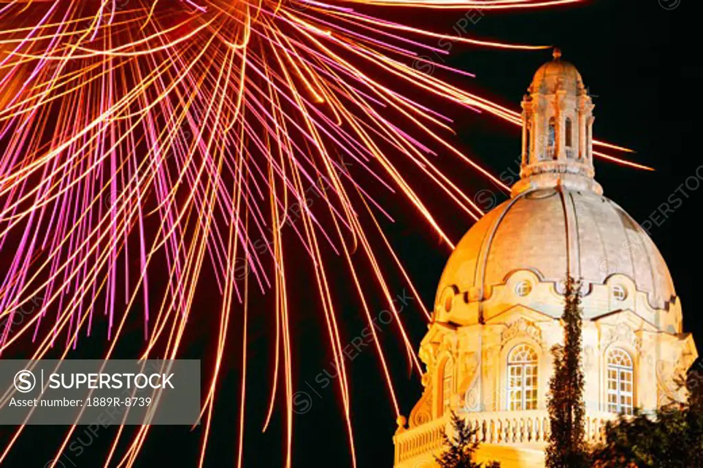 Fireworks at night by the Albertan parliament building