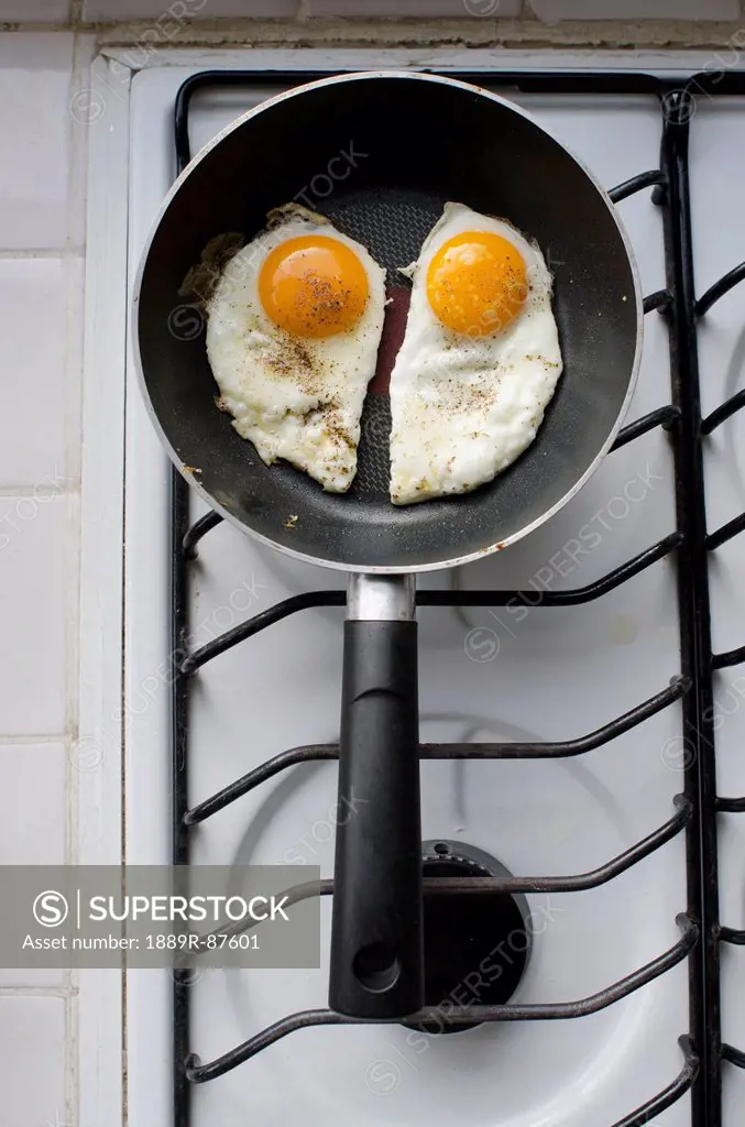 Two Sunny Side Up Fried Eggs In A Pan On An Oven;Aguascalientes Aguascalientes Mexico