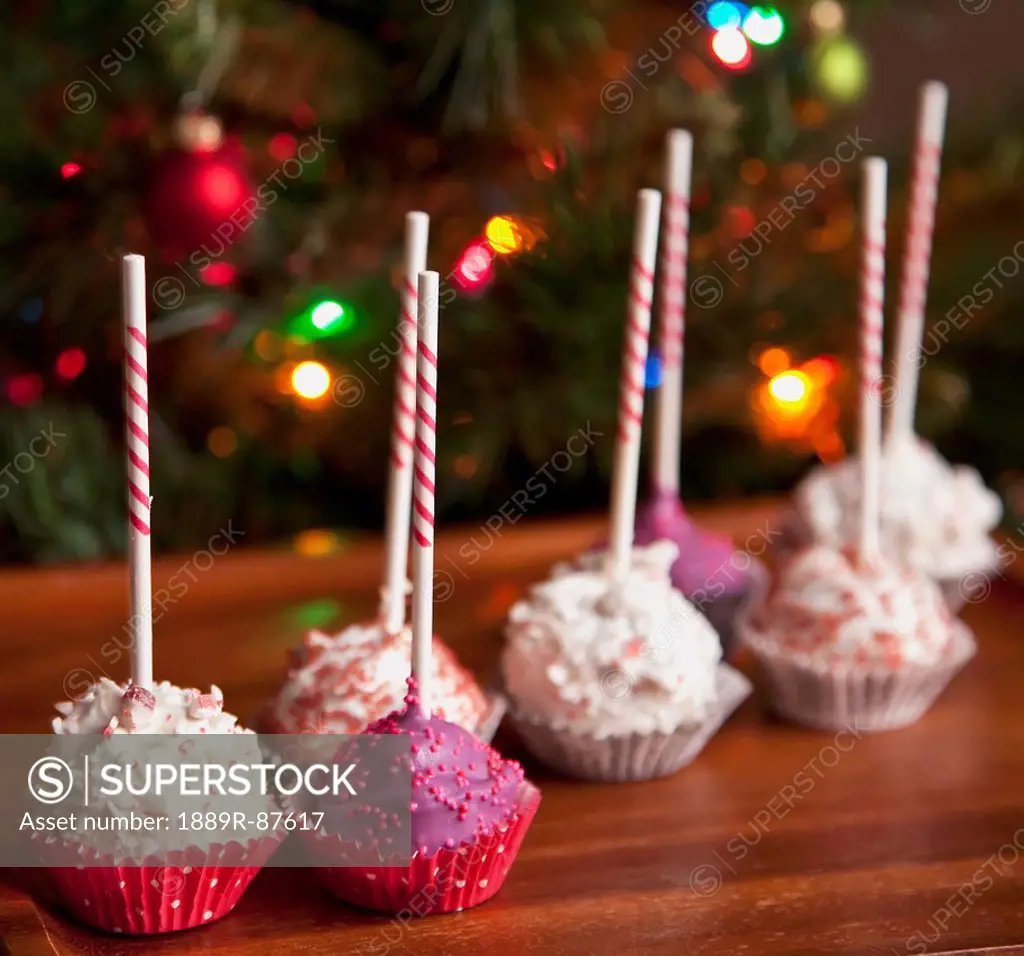 Decorated Pink Cake Pops By A Christmas Tree;Edmonton Alberta Canada