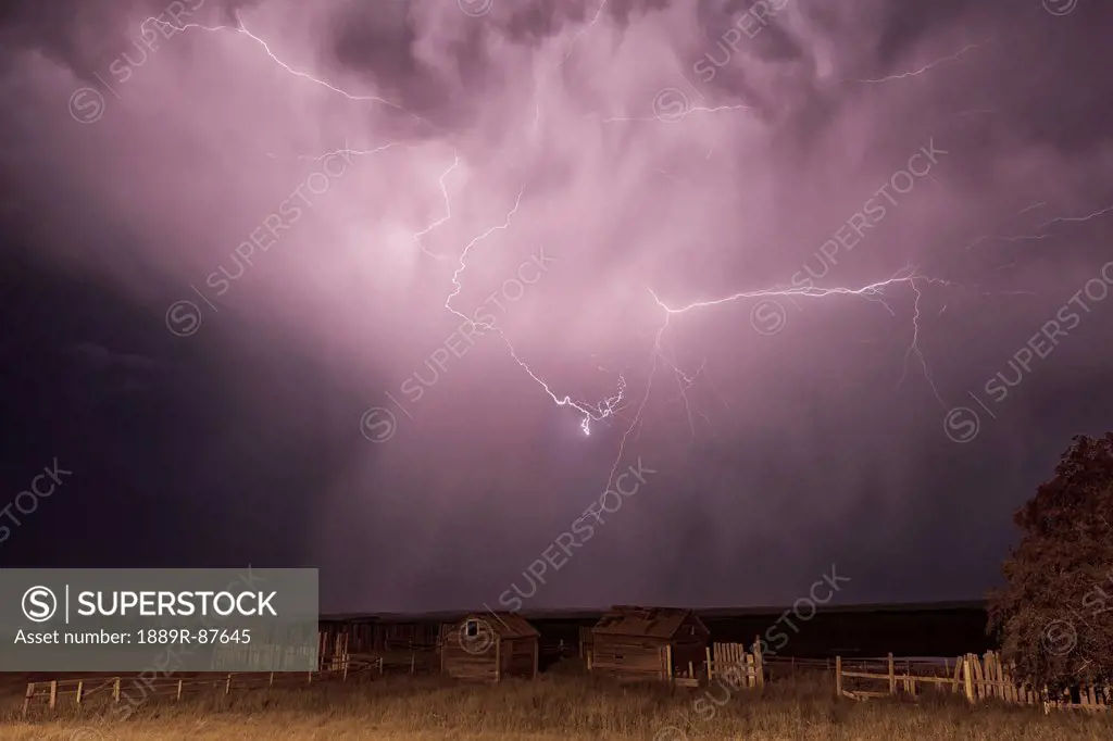 Lightning Bolt Over Some Abandoned Buildings Near Val Marie;Saskatchewan Canada