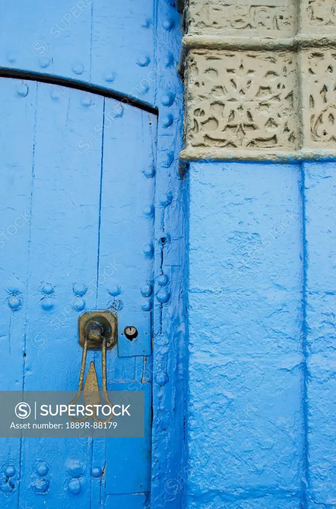 A Painted Blue Door And Wall With A Unique Door Handle And Heart Shaped Keyhole In Old Town;Rabat Morocco