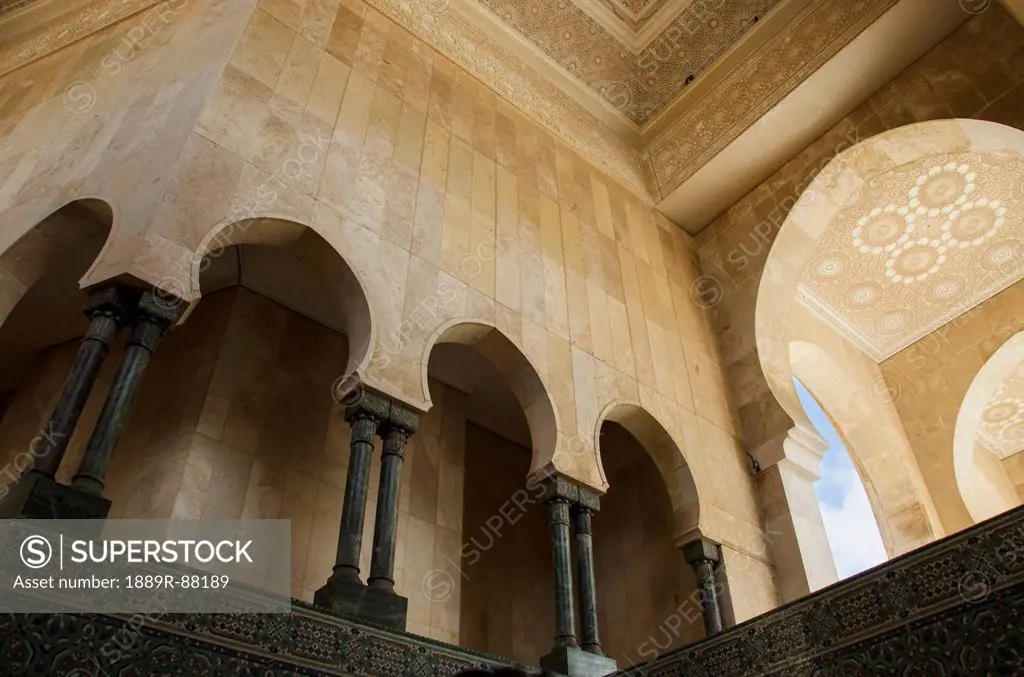 Ornate Facade On Walls With Arches And Pillars In Hassan Ii Mosque;Casablanca Morocco