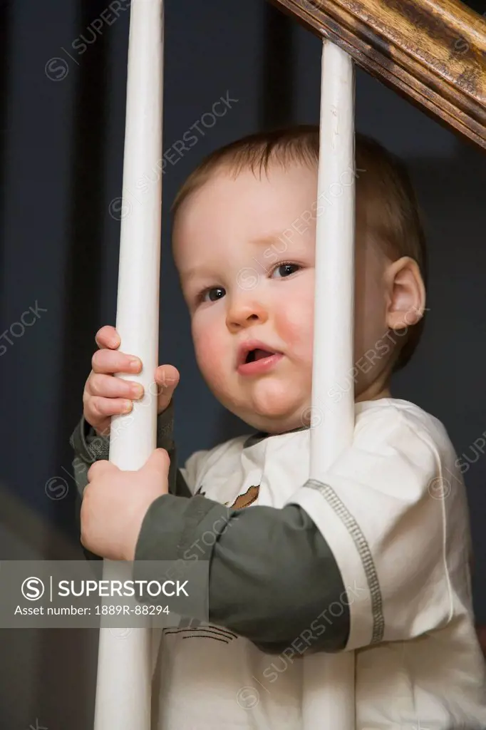 A baby boy holds on to the stair rail balusters with both hands;Willimantic connecticut united states of america