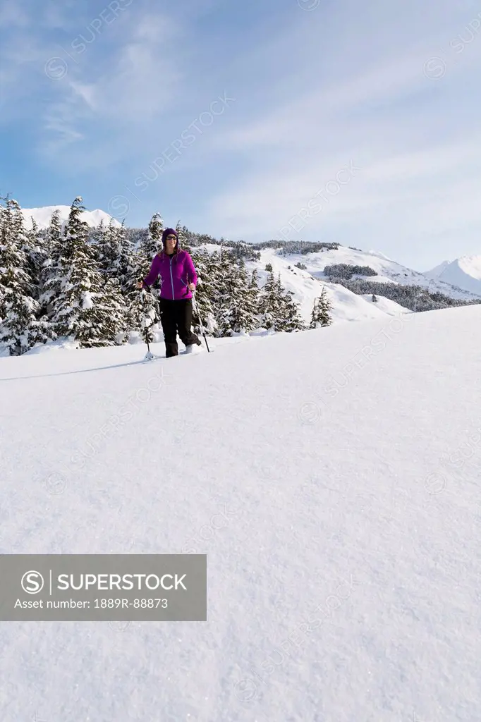 Woman snowshoeing on a sunny day at turnagain pass kenai peninsula chugach national forest;Southcentral alaska united states of america